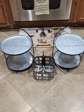 Galvanized Metal 2-Tier Serving Stands with Bottle Caddy - Farmhouse Gray